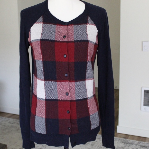 Navy, Red and White Plaid Front Cardigan